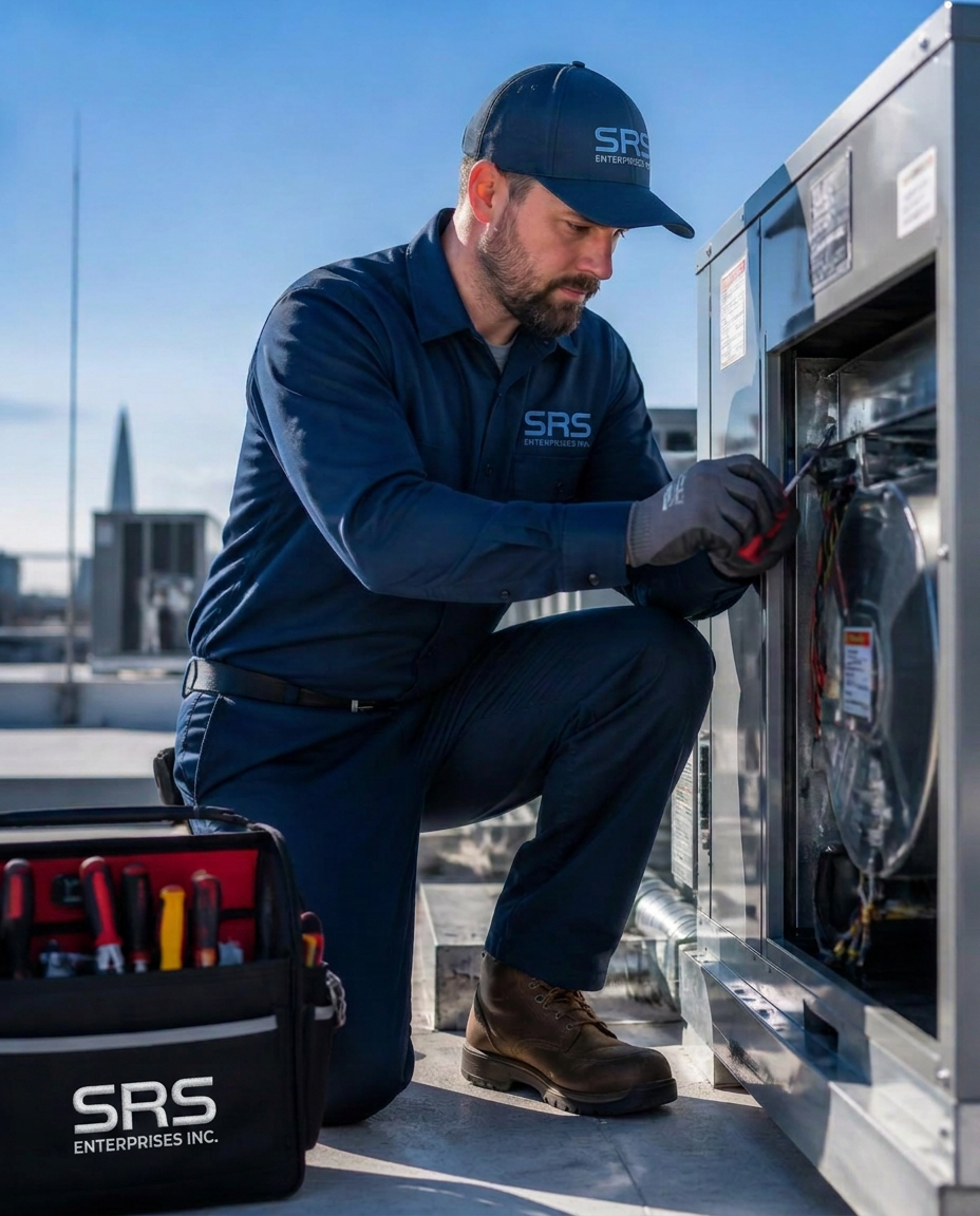 HVAC technician servicing a rooftop air handling unit